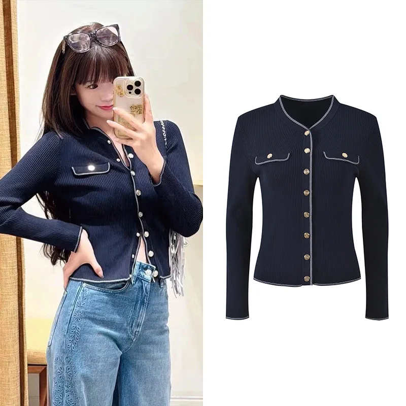 

Осень 2023, новинка Sle Color Blo, облегающий круглый вязаный открытый кардиган Ne ort, модный универсальный ветер для поездок на работу