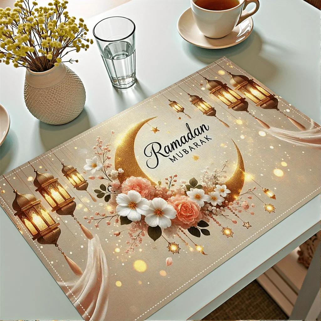 Ramadan Mubarak Linen Placemats Holiday Party Decor Golden Moon Lantern Floral Eid Al-Fitr Dining Table Mats Ramadan Decorations