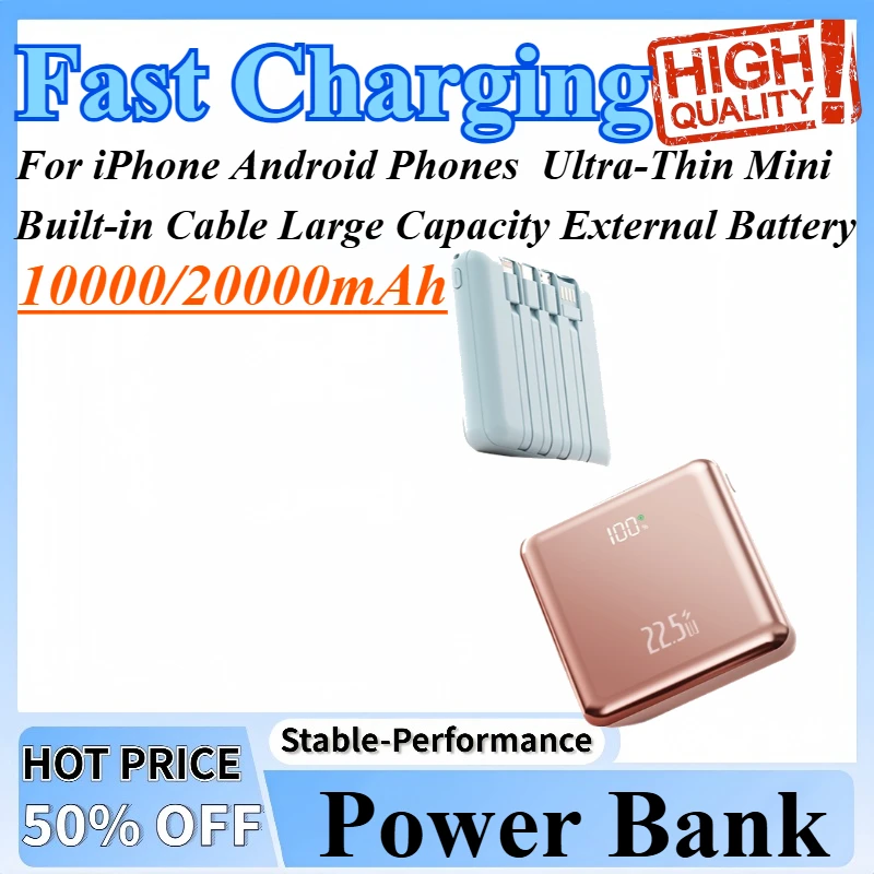 

10000/20000mAh Fast Charging Power Bank Ultra-Thin Mini Built-in Cable Large Capacity External Battery For iPhone Android Phones