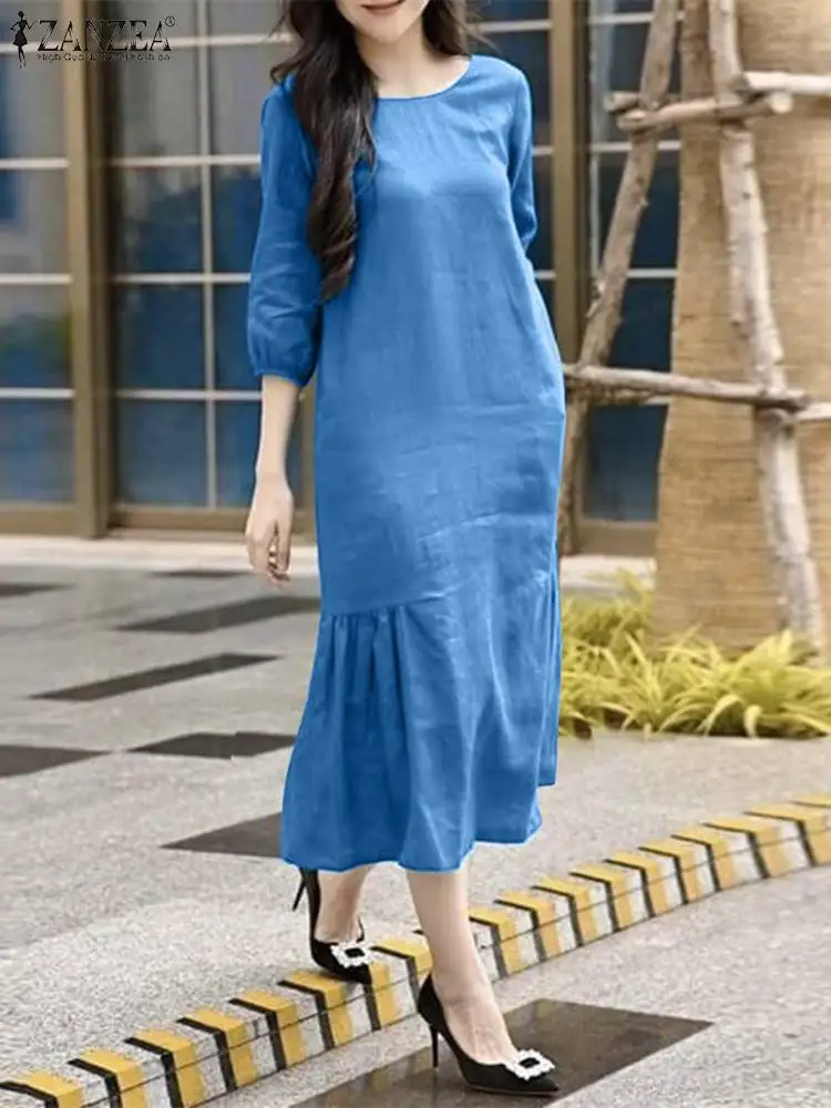 

ZANZEA Holiday Vestidos Women Summer 3/4 Puff Sleeve Midi Dress Robe Femme Elegant Casual Loose Sundress Fashion Work Sarafans