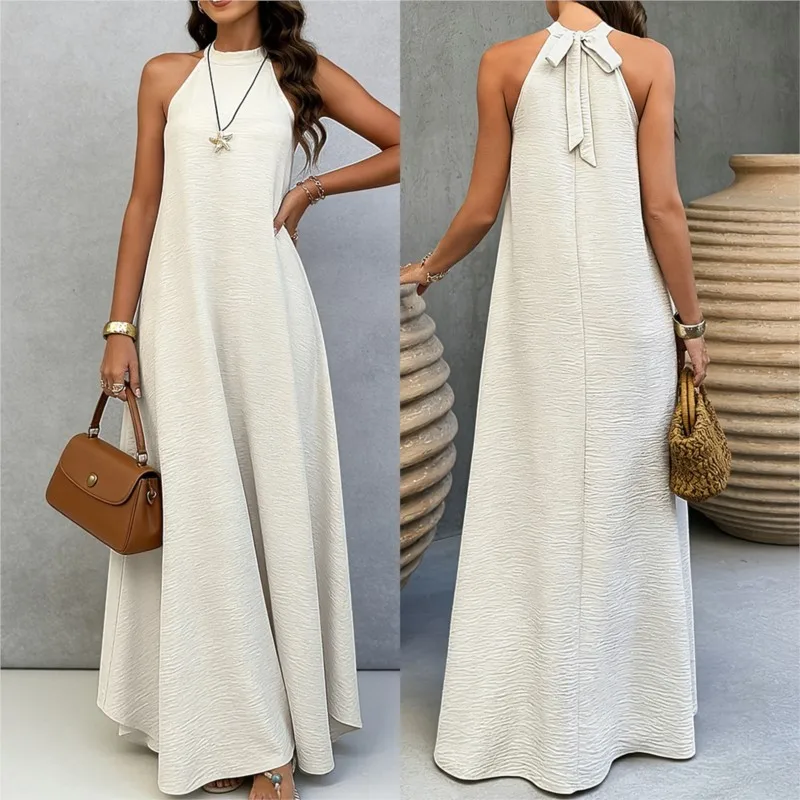 

Summer New Women's Halter Summer Maxi Dress Sleeveless Backless Lace-up Solid color Gown Street Trend Casual All-Match Dresses