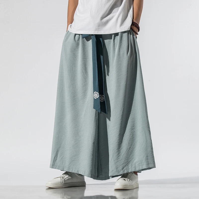 Summer Men Wide Leg Pants Mens Cotton Linen Retro Trousers Man Chinese Style Hanfu Pants Male Big Crotch Nepal Robe Pants