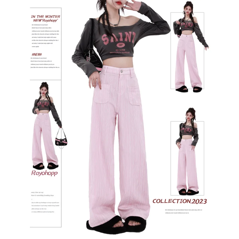 

Pink Vertical Stripes Womens Jeans High Waist Straight Baggy Denim Pants Europe and America Fashion Y2K Female Wide Leg Trouser