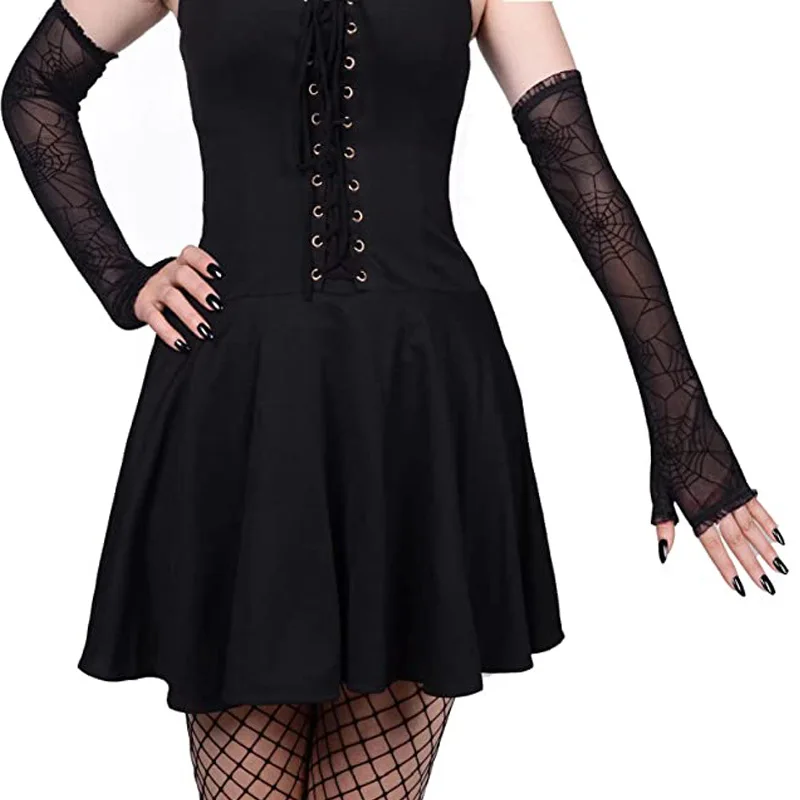 Guanti di pizzo Sexy Halloween Spider Web donna mezze dita maniche a braccio estate lunga maglia cava senza dita guida guanti per la protezione solare