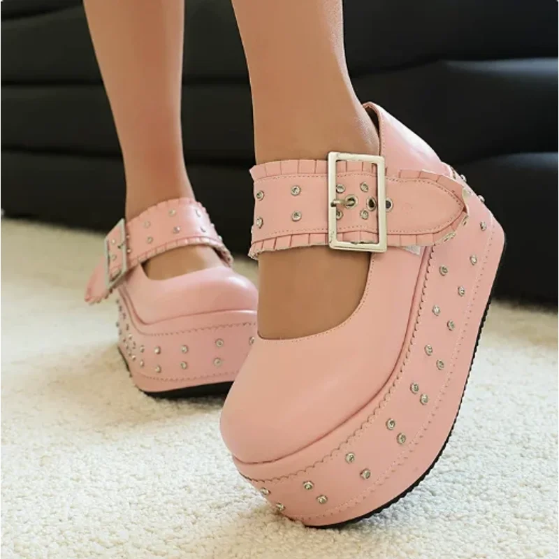 

Women Gothic Lolita Wedge Platform Mary Jane Shoes Rhinestone Buckle Pumps Plus Size 34-50 2026 New Lolita Girls' Shoes