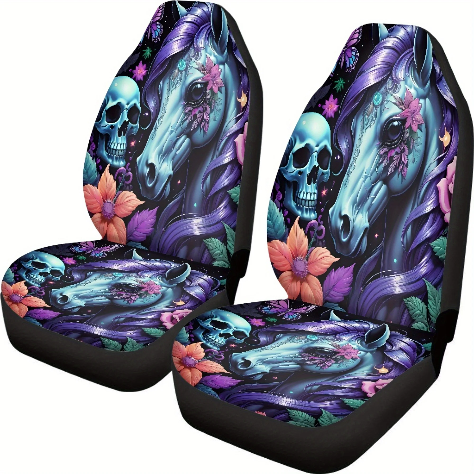 2pcs Skeleton Steed Print Car Seat Covers, For Women And Man, Universal Auto Front Seats Protector Fits For Car, SUV Sedan, Truc