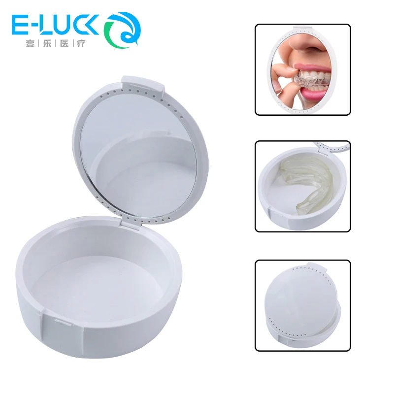 Portable Dental Denture Storage Box Orthodontic Retainer Container with Built In Mirror for Travel Daily Oral Care Storage