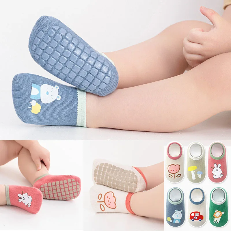 3Pairs Baby Non Slip Socks Cotton Casual Cartoon Print Boys Girls Toddler Floor Socks With Rubber Grips For 1-3Years