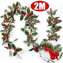 1/2PCS Red Berry Christmas Garland Decoration Artificial Holly Leaves Berries Vine Ivy Xmas Tree Ratten Wreath Hanging Ornaments