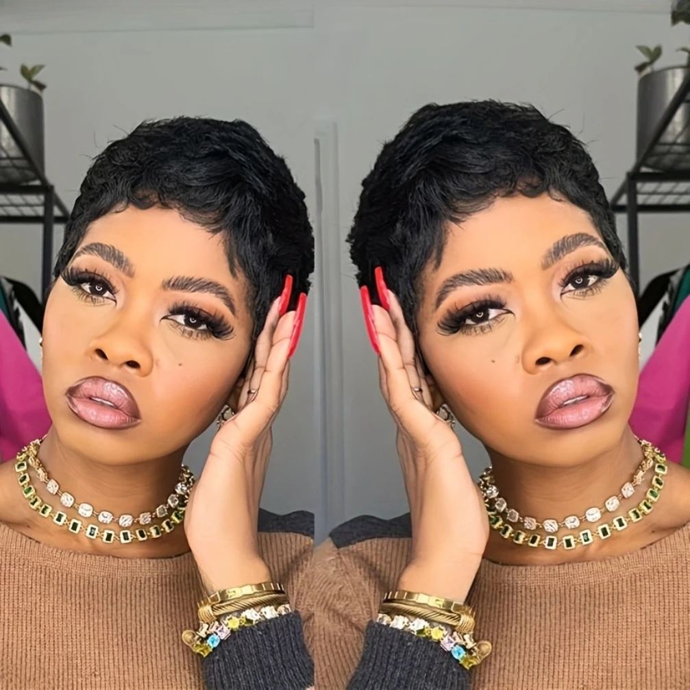 

Парик из натуральных волос, парик с стрижкой пикси, короткие вьющиеся волнистые парики из натуральных волос для женщин, полный машинный парик, плотность 150%, 4 дюйма