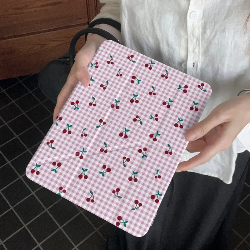 Pink Grid Full Screen Cherry For iPad Case iPad Air4 5 6 Pro 11 12.9 13 M4 M5 10.9 Mini 7 6 Y Folded Edge Case with Pen Holder