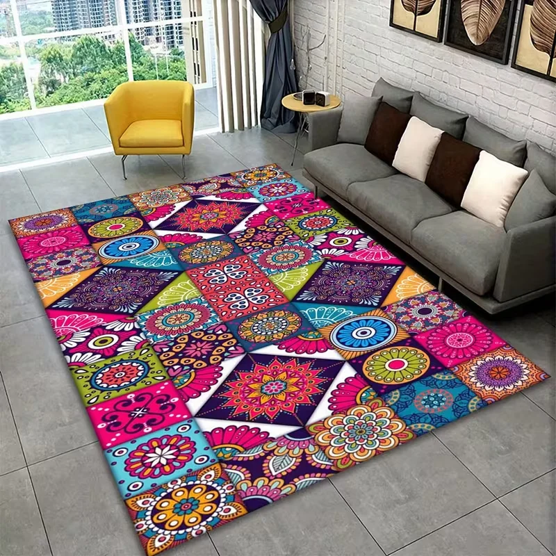 Bohemian Mandala Floral Area Rug Colorful Vintage Style Carpet Non Slip Washable for Living Room Bedroom Home Decor