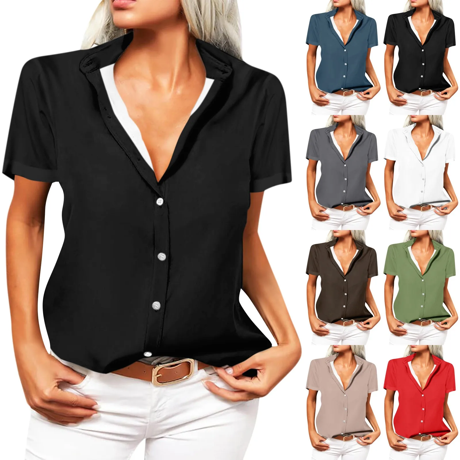 Women'S Casual Shirts Classic Short Sleeve Solid Color Buttons V Lapel Shirt Tops Summer Fashion All-Match Daily Commute Blouse