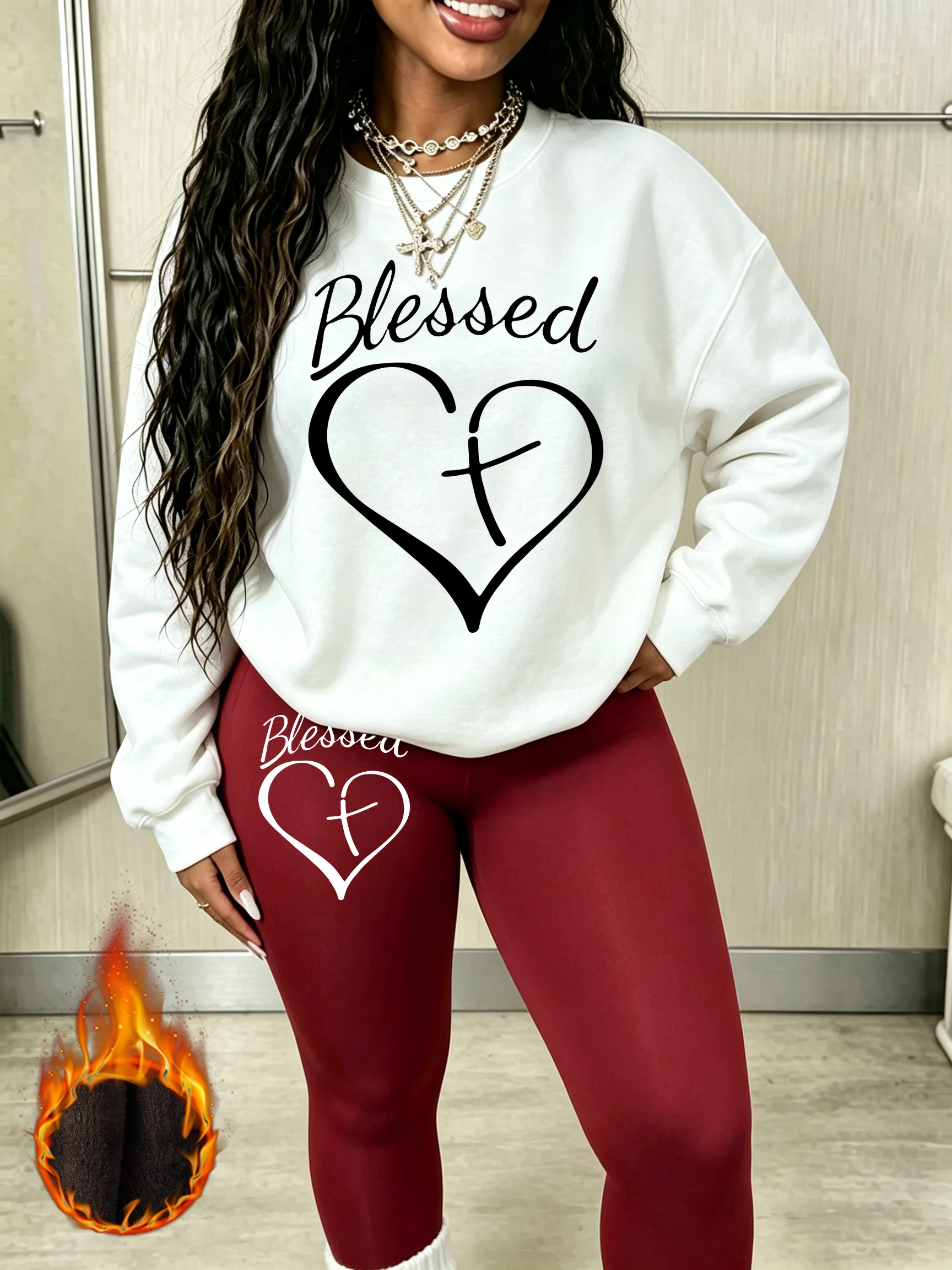 Pulls pour femmes avec imprimé Blessed Love Faith, ensemble de sweat-shirts en molleton à col rond, leggings épais Y2K, vêtements de rue confortables pour l'automne