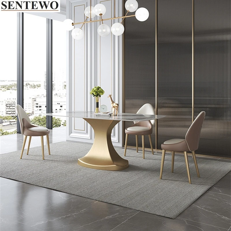 Luxury Rock Slab Kitchen Dining Room Table Chairs Set Metal Titanium Gold Base Faux Marble Table Furniture Muebles Para El Hogar