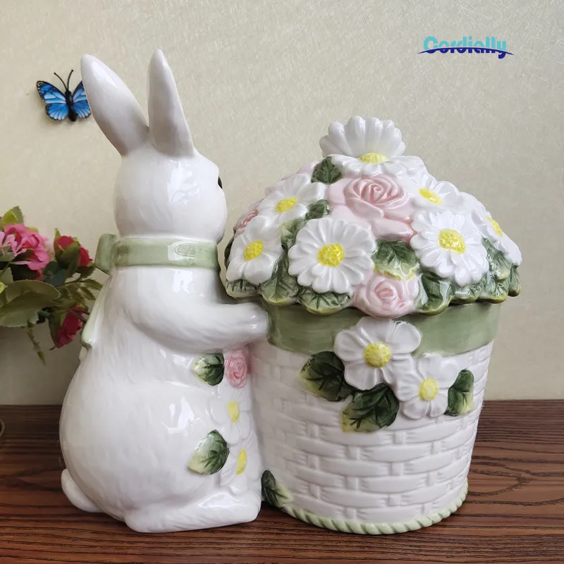Nordic Hand-Painted Underglaze Ceramic Cute Rabbit Sealed Jar Home Decoration Birthday Gift Kitchen Storage