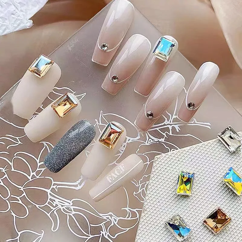 20/50Pcs Pointed Bottom Rectangle Nail Art Rhinestone Large Cube Crystal K9 Glass Diamond Manicure DIY Decoration Accessories