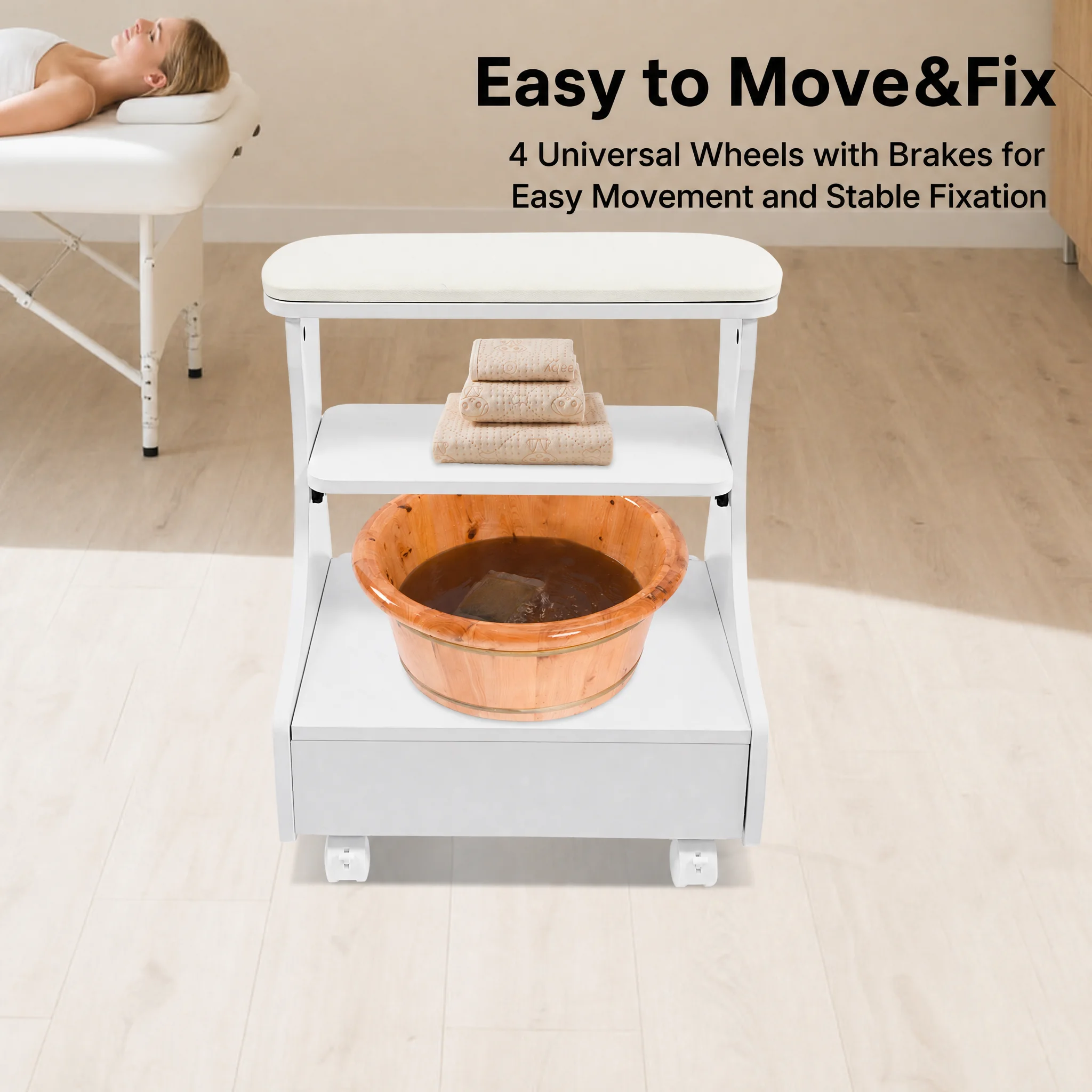 Foot Rest Pedicure Manicure Furniture, Modern White Rolling Stool with Wheels, Adjustable Foot Bath Trolley, MDF Plastic Sponge PVC, Multi-Function Salon Chair for Spa Beauty Salon, Medical Clinic, Hair Salon, Home Bathroom, Load 20kg, Floor Standing