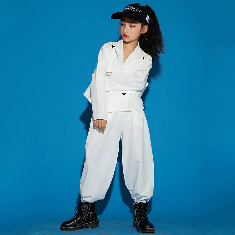 Modern Jazz Performance Outfit Girls Hip Hop Pants Tops New Kids Hip Hop Clothing White Suits Street Dance Stage Costumes