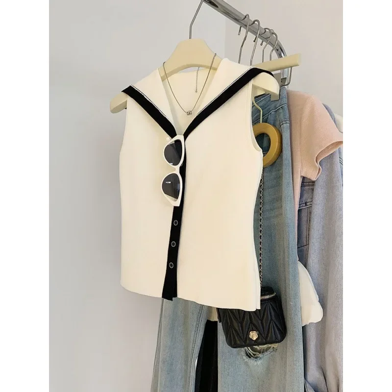 الكورية نمط كتلة اللون البحرية طوق أكمام محبوك سترة المرأة سليم صالح الصيف جديد الحلو والتوابل العصرية الأعلى #1