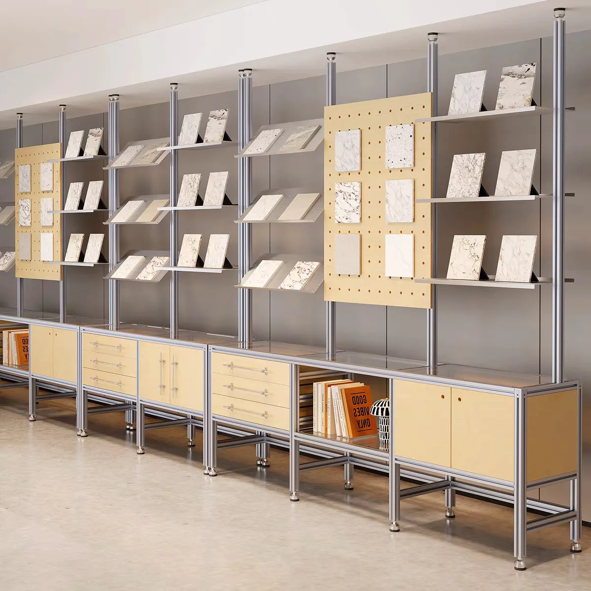 YJQ aluminum profile vertical partition rack marine plate glass display cabinet stainless steel inclined display rack