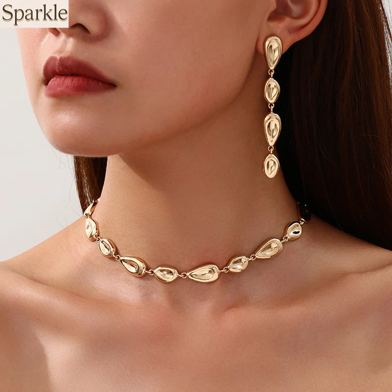 

Trendy Gold-plate Teardrop Necklace Earring Set for Women Unique Metal Jewelry Set Elegant Long Chain Choker Fashion Charm gift