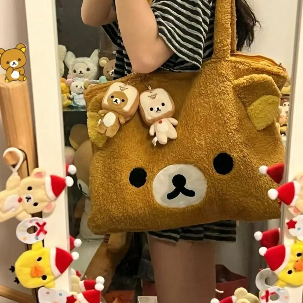 Ins New Rilakkuma Shoulder Bag Lambswool Handbag Cartoon Cute Rilakkuma Autumn and Winter Versatile Plush Tote Bag Holiday Gift