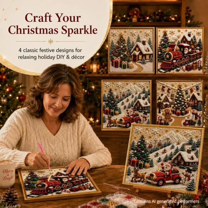 Christmas Pearl Painting Art Kit With Frame DIY Gemstone Diamond Dot Beads Craft Set Home Wall Decor Handmade Arts Gifts 20CM