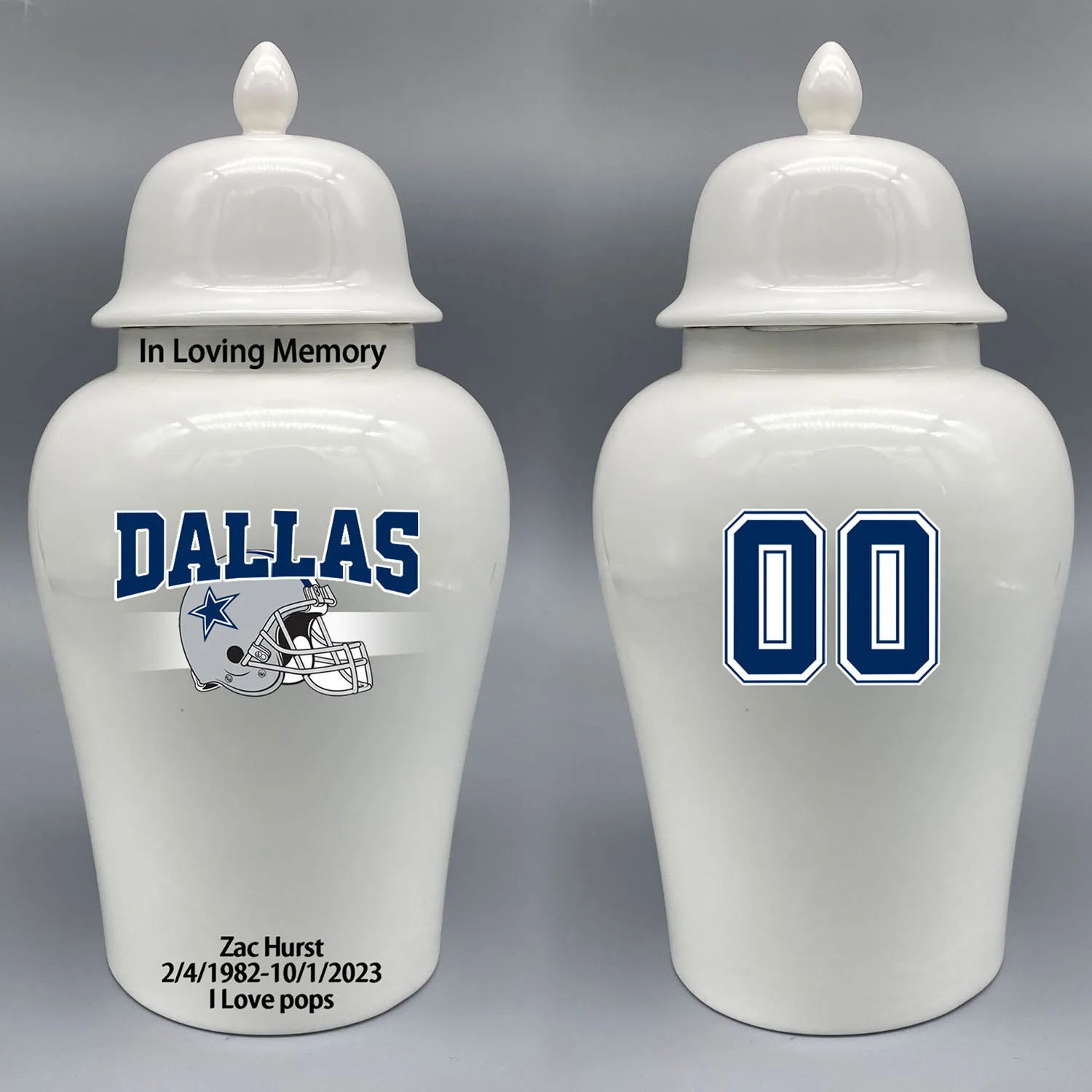 Large Urn for Dallas Cowboys-themed Logo Urn.Please send me the customize information-name/date and number on the urn