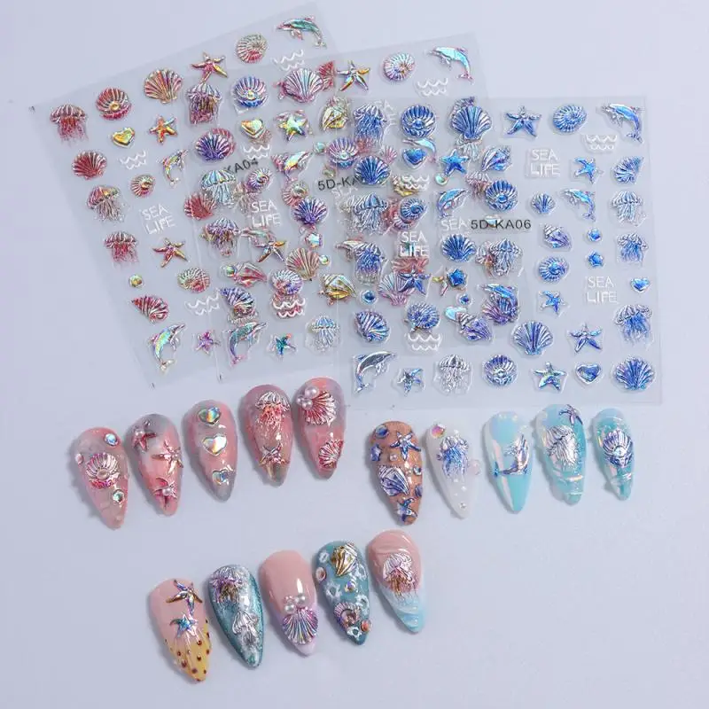นูนแมงกะพรุน Shell Ocean Nail Art สติกเกอร์กาว Marine Life ปลาวาฬเล็บสติ๊กเกอร์เล็บ DIY อุปกรณ์เล็บ Slider