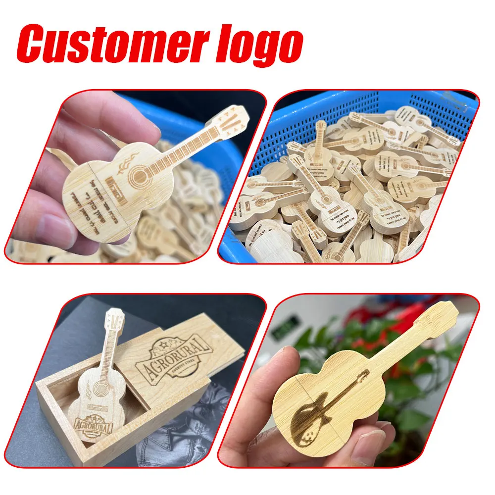 แฟลชไดรฟ์ไม้รูปกีตาร์ สลักโลโก้ฟรี ความจุ 128GB 64GB 32GB ความจุจริง 100% ของขวัญสุดสร้างสรรค์พร้อมสายคล้อง