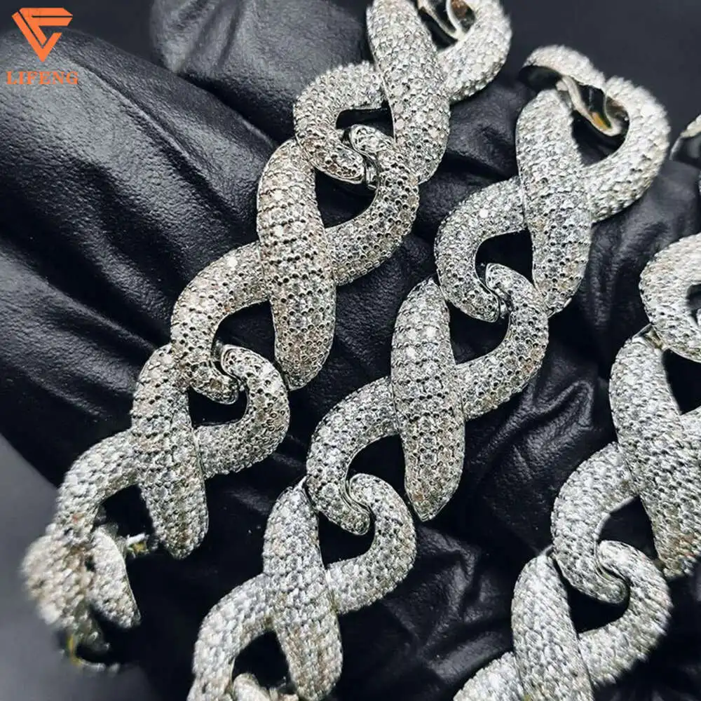 

Hip Hop Jewelry 15mm 2 Rows White Gold Plated Vvs Moissanite Bracelet 925 Silver Iced Out Moissanite Cuban Chain Men