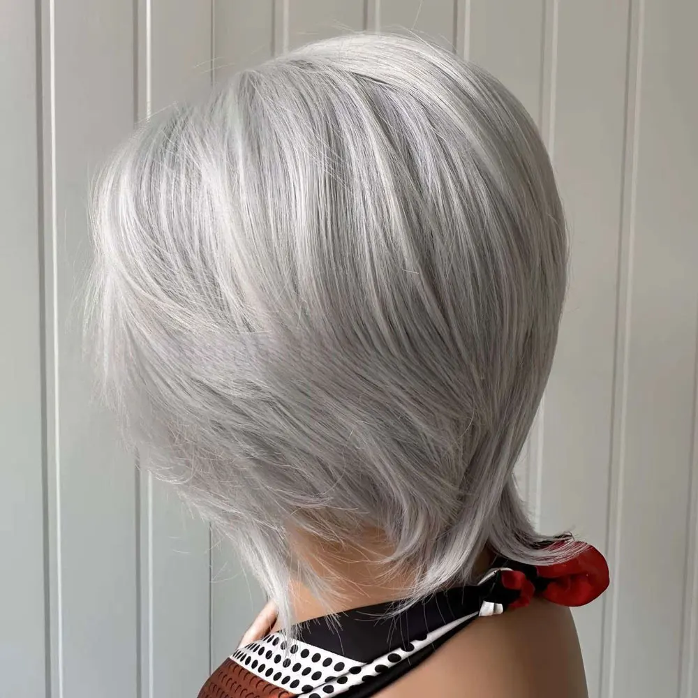 JOVIA 8Inch Pixie Cut Short Bob Wig Silver Grey Synthetic Lace Front Gluless Layered Straight Hair Wigs for Women  Cosplay Daily