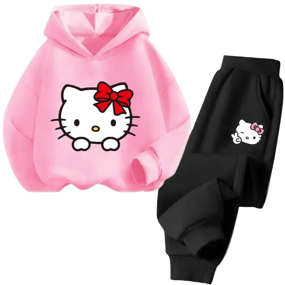 

Осенне-зимние комплекты модной одежды для девочек, детская толстовка с капюшоном с принтом «Hello Kitty», пуловер, топы и брюки, спортивный костюм из 2 предметов
