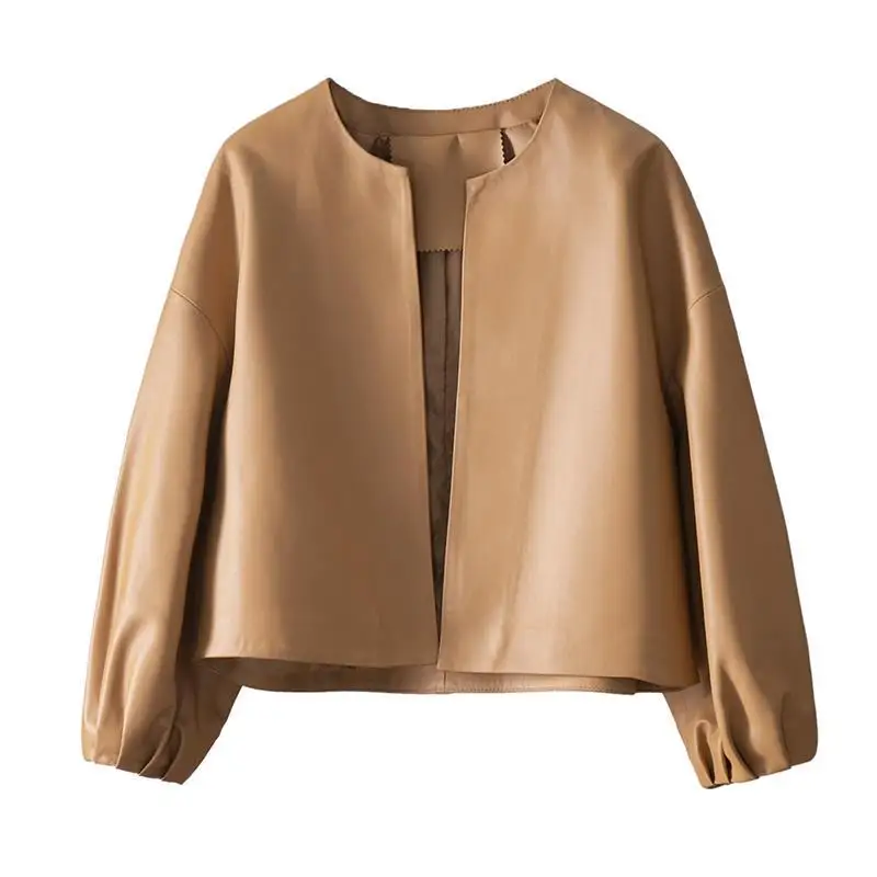 

2025 spring and autumn new round neck lantern sleeve jacket women's PU leather short small leather jacket