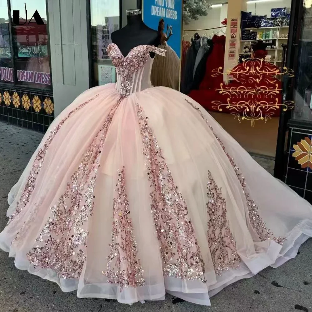 

ULBYANRY Customized A-line Off-the-shoulder Sweet 15 Dress, Sparkly Sequined Quinceanera Dress, Formal Mesh V-neck Prom Dress