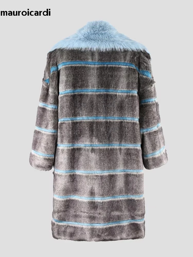 Nerazzurri Autumn Winter Long Thick Warm Blue Striped Patchwork Faux Fur Coat Women Loose Casual Luxury Chic Korean Fashion 2024