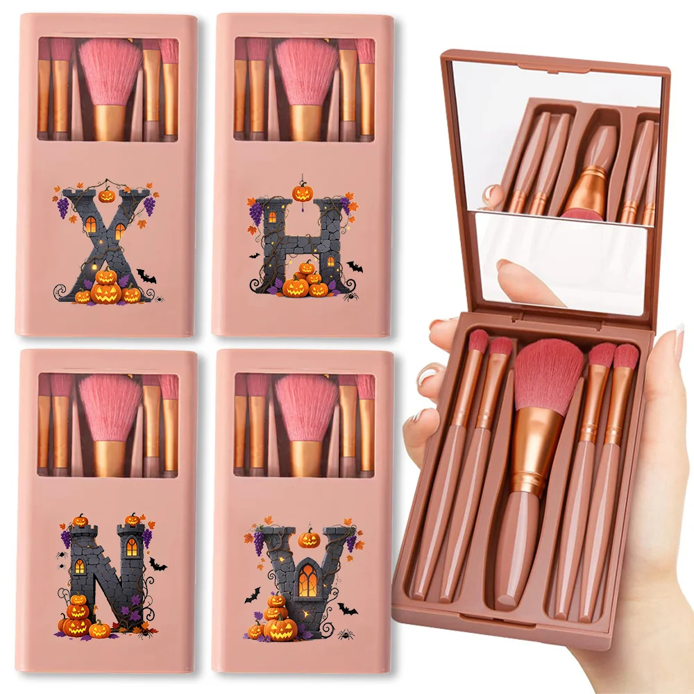 

Long Handled Makeup Brush Set Multi Functional Brush Organizer Portable Beauty Tool Kit with Mirror Halloween Letters Pattern