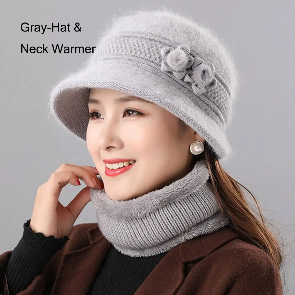 conjunto-feminino-quente-de-chapeu-e-cachecol-chapeu-de-balde-de-trico-com-pele-sintetica-de-coelho-e-pequenas-flores-engrossado-e-a-prova-de-vento
