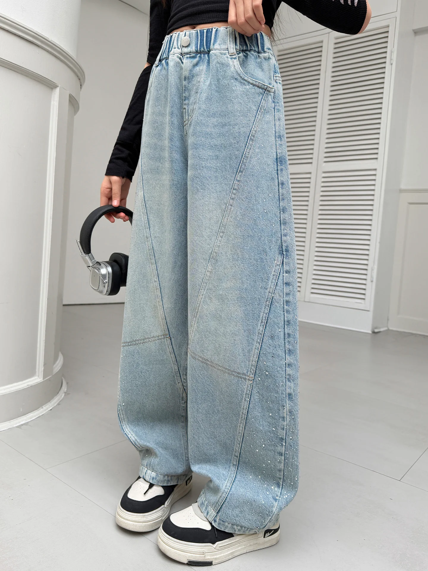 

Girls' Fce Lined Denim Jeans Rhinestone Embellied Thiened Knife Pants Spring Faion for Junior High School Students