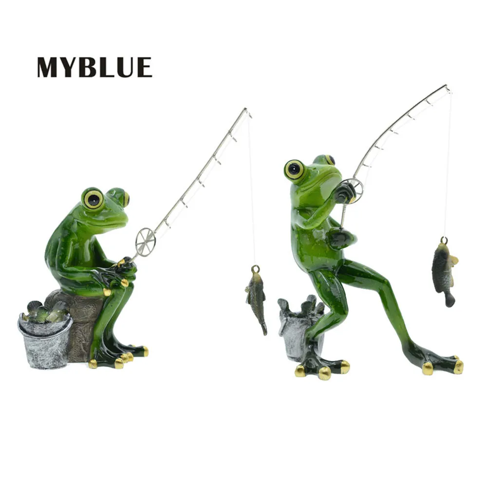 

MYBLUE 2Pcs/Set Aquarium Fish Tank Decoration Accessoires Resin Fishing Frog Figurine Miniature Acuarios