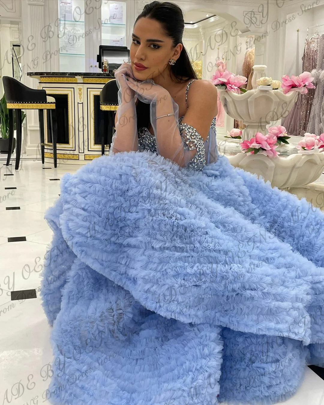 OEING Sparkly Evening Dress Glitter Princess Spaghetti Strap Tulle Tiered Blue Prom Dresses Elegant Formal Occasion Party Gowns