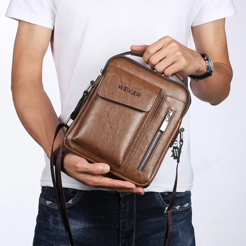 WEIXIER Men Retro Bag Simple Shoulder Business Famous Brand PU Leather Shoulder Messenger Bags IPad Office Handbag  Travel Bag