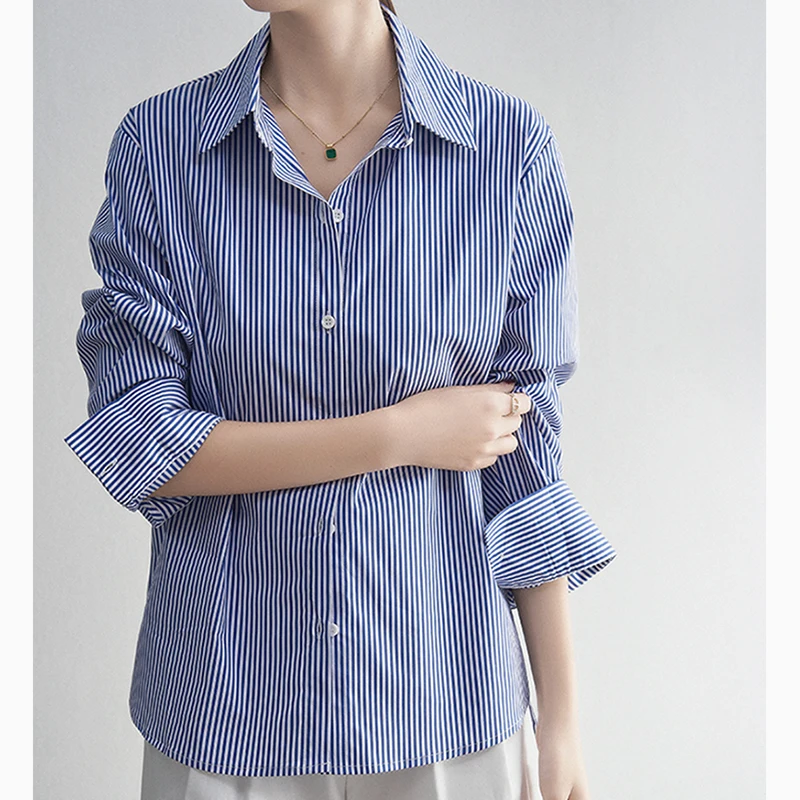 Blue Striped Women Shirts Korean Retro Cotton Loose Long Sleeve Female Casual Blouse Autumn New Office All Match Ladies Top