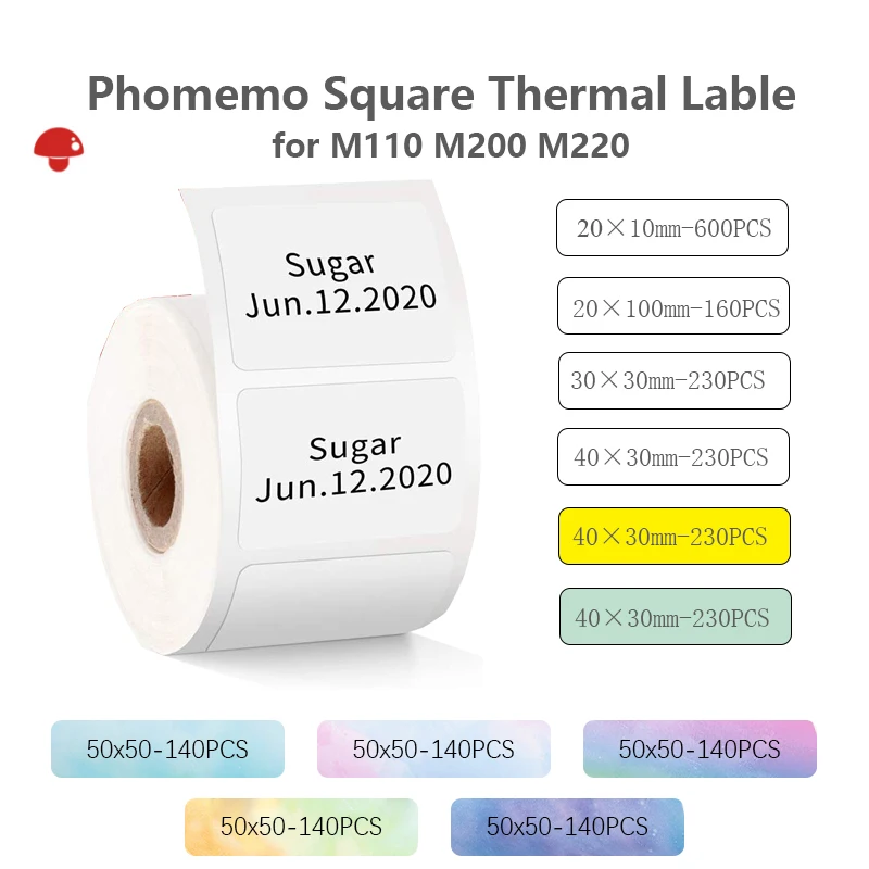 Phomemo Self-Adhesive Sticker for M110/M200 Portable Label Printer Transparent Round Square Barcode Business Tag Sticky Notes