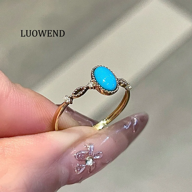 

LUOWEND 100% 18K Yellow Gold Rings Vintage Palace Style Shiny Diamond Natural Turquoise Ring for Women High Gemstone Jewelry