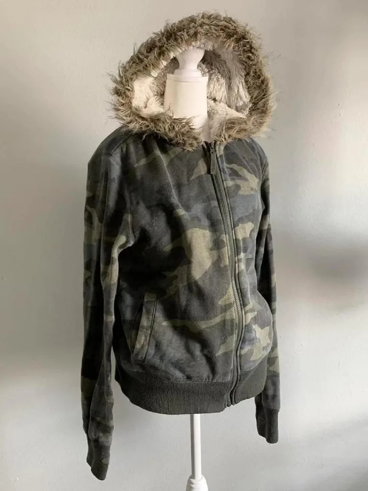 Women Y2k Harajuku Grunge Vintage Sweatshirt Faux Fur Zip Fashion Jacket Streetwear Winter Vintage American Retro Camo Hoodie