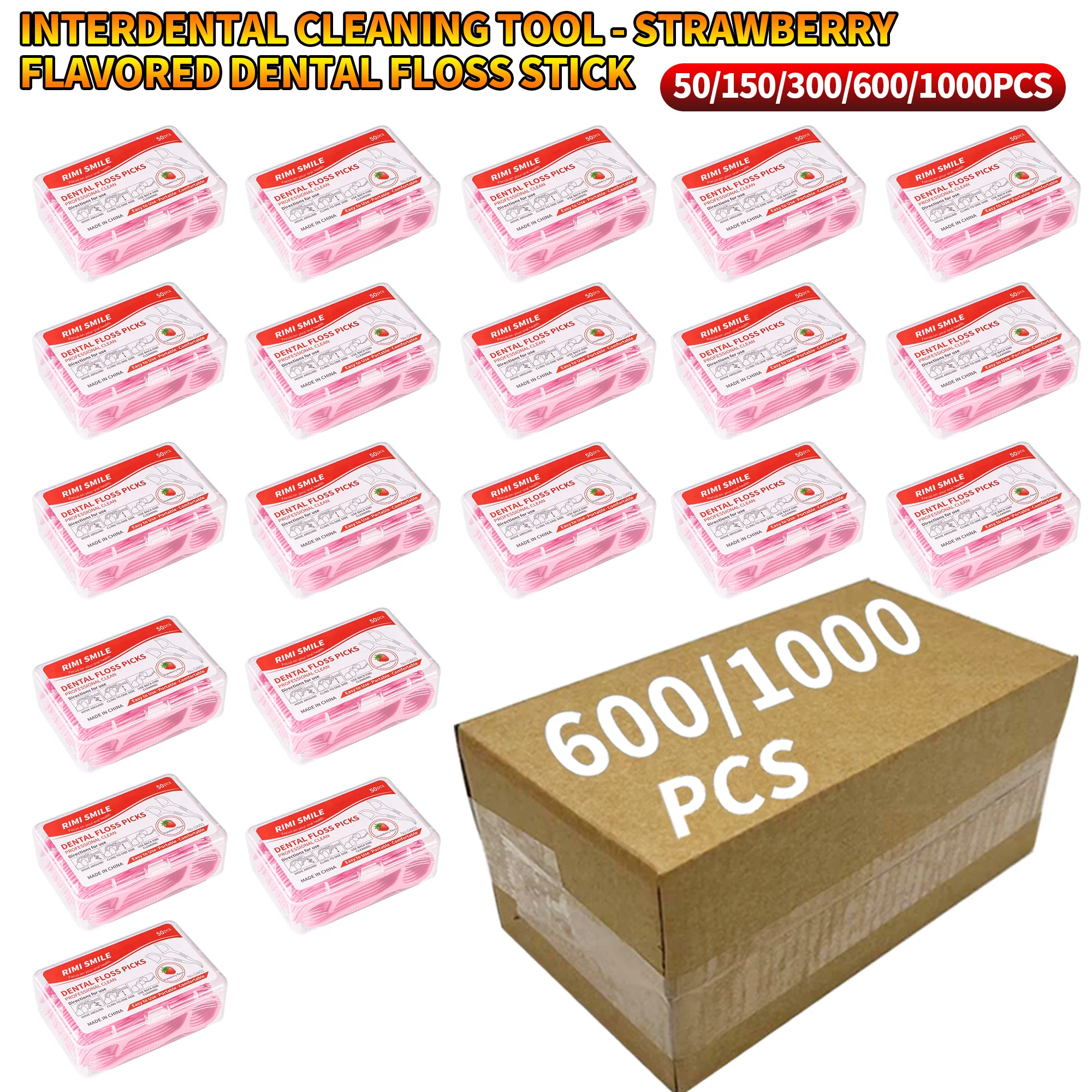 50/150/300/600/1000PCS - Dental floss stick, strawberry flavor, convenient to pack, available in measured sizes, suitable for cl