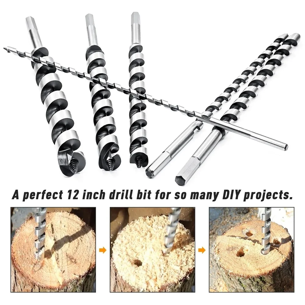 6 Piece 12 Inch Auger Drill Bits with Hex Shank for Deep Hole Drilling in For Wood MDF and PlyFor Wood Materials