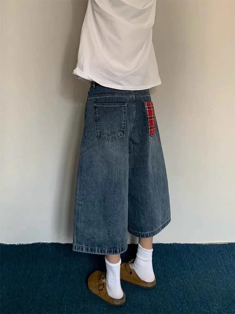 

Большие размеры, американские ретро клетчатые джинсовые брюки на семь футов, женские свободные широкие брюки ort, осенний дизайн, повседневные брюки...